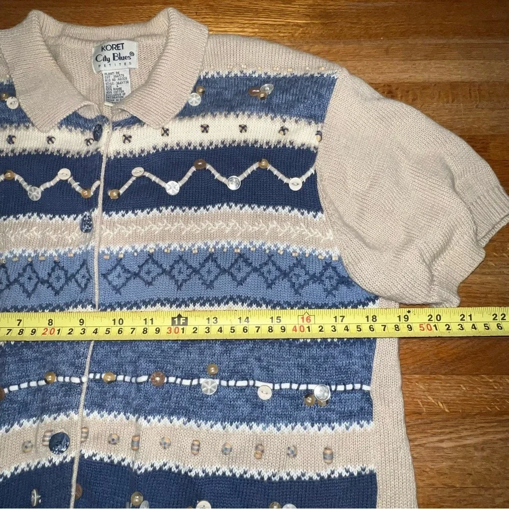 Koret City Blues Petites‎ LG Cream Blue Knit Embroidered Bead Button Up Cardigan